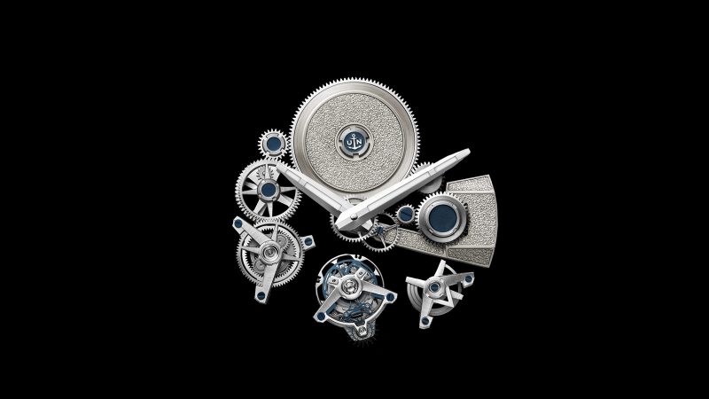 Ulysse Nardin Blast Free Wheel Maillechort transparent 45 mm white gold skeleton watch with tourbillon and blue rubber strap.