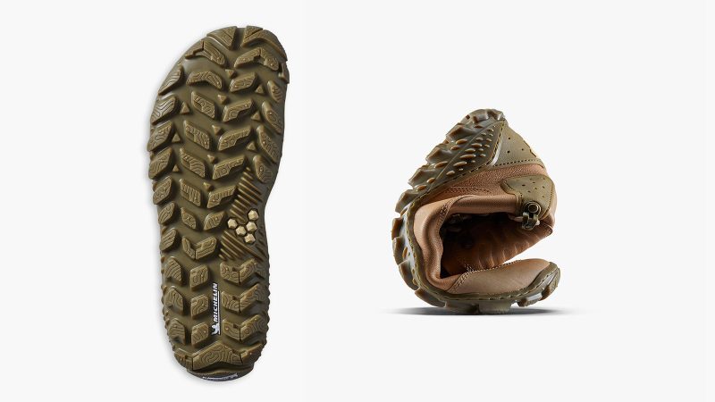 The VIVOBarefoot Desert ESC boot features a camel leather upper, a Michelin lugged outsole, and a high ankle collar designed for protection in desert and extreme terrain.