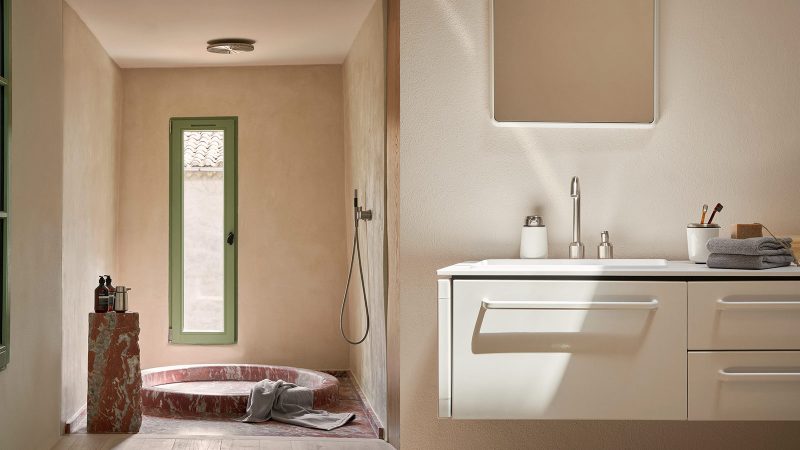 Exterior and interior of Vipp Townhouse in Lagrasse: historic 14th-century stone walls blend with minimalist Scandinavian furnishings and modern marble details.