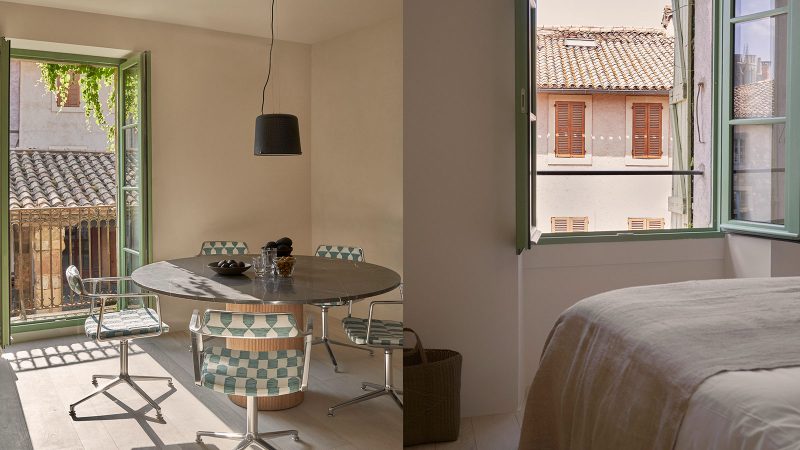 Exterior and interior of Vipp Townhouse in Lagrasse: historic 14th-century stone walls blend with minimalist Scandinavian furnishings and modern marble details.