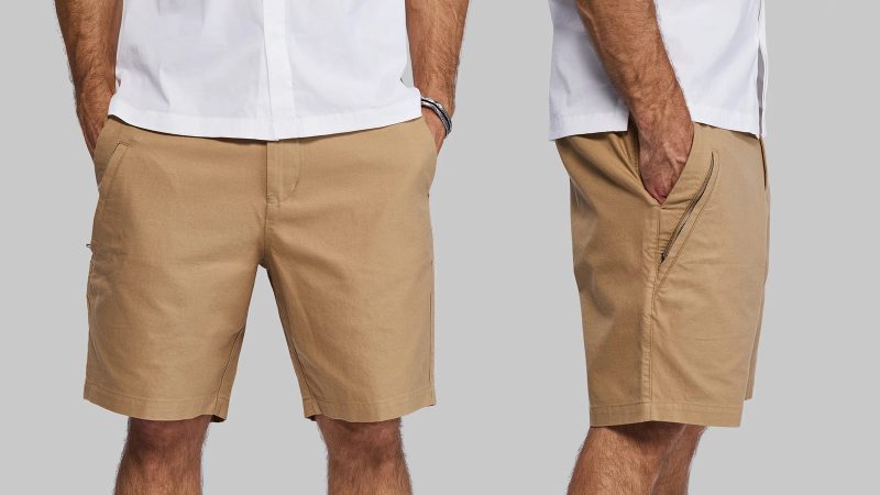Vollebak Indestructible Chino Shorts are crafted from cotton-Dyneema fabric, featuring Cordura-reinforced pockets and a minimalist design designed for rugged, all-terrain performance.