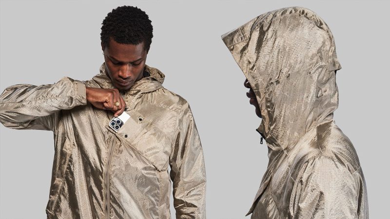 Vollebak Shielding Jacket made with pure silver for electromagnetic and infrared protection, antimicrobial design, and Faraday cage pockets.