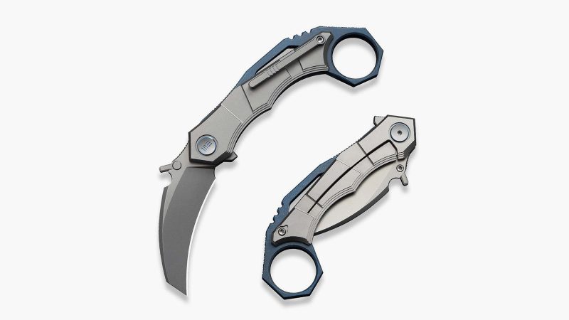 The WEKNIFE Tayra Flipper Knife boasts a stonewashed M390 steel hawkbill blade and a gray titanium handle with blue accents.