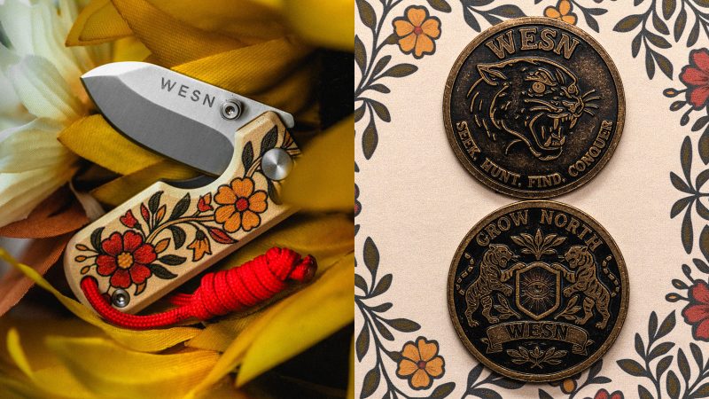 The WESN Grow North Microblade features bright floral G10 scales, a titanium back handle, and antique brass coin packaging—limited to 200 units for summer 2025.