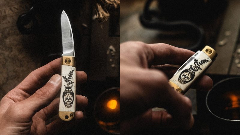 The WESN x P&Co. Scrimshaw Henry pocket knives feature laser-etched tattoo-style artwork on titanium handles, blending EDC functionality with heritage design.