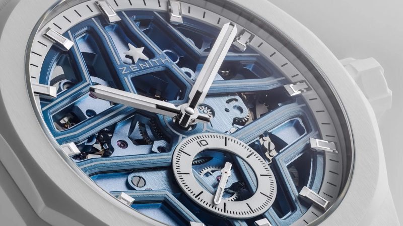 Limited‑edition Zenith Defy Skyline Skeleton White Surfer in 41 mm white ceramic, blue gradient skeleton dial, integrated bracelet and quick‑change strap.