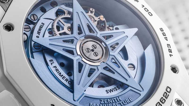 Limited‑edition Zenith Defy Skyline Skeleton White Surfer in 41 mm white ceramic, blue gradient skeleton dial, integrated bracelet and quick‑change strap.
