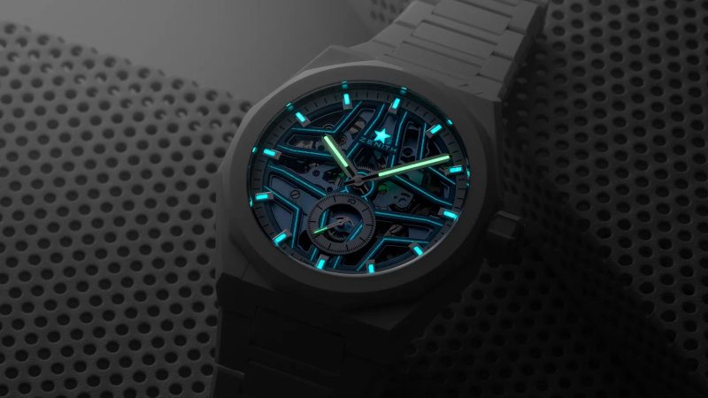 Limited‑edition Zenith Defy Skyline Skeleton White Surfer in 41 mm white ceramic, blue gradient skeleton dial, integrated bracelet and quick‑change strap.