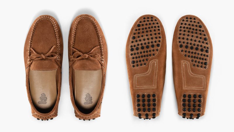 &SONS Desert Moccasin in tan suede, hand-stitched with moccasin construction, calf leather lining, and lightweight stitched outsole—capturing mid-century driving style with modern comfort.