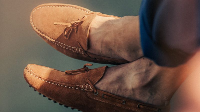 &SONS Desert Moccasin in tan suede, hand-stitched with moccasin construction, calf leather lining, and lightweight stitched outsole—capturing mid-century driving style with modern comfort.