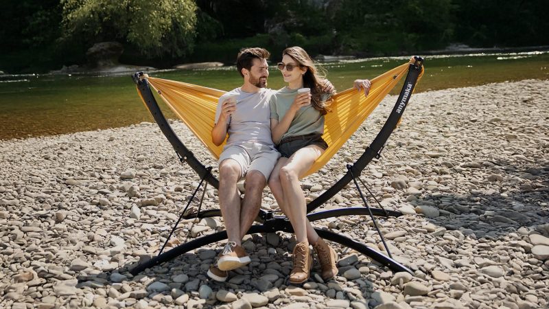 The anymaka Full Pack portable hammock with canopy, stand, and accessories for easy setup, UV protection, and all-terrain comfort without needing trees.
