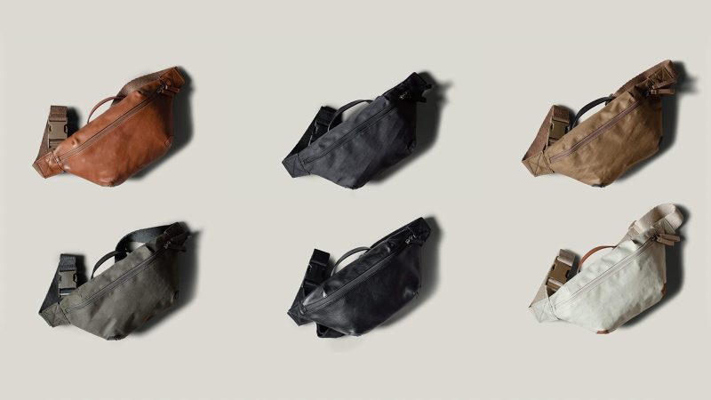 Hardgraft Closest Ally Belt Bag, crafted from weatherproof X-Pac® cotton laminate with Italian leather, features an adjustable strap and a wool-lined interior, made in Italy.