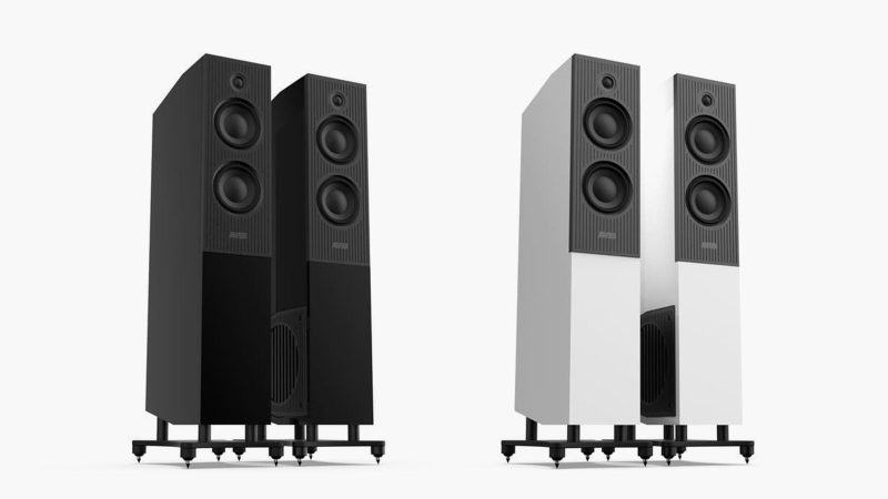 Avid EVO TWO high-end 3.5-way floor standing loudspeakers in gloss black and white finish.