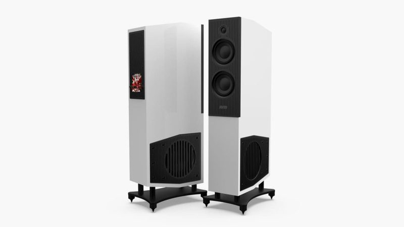 Avid EVO TWO high-end 3.5-way floor standing loudspeakers in gloss black and white finish.