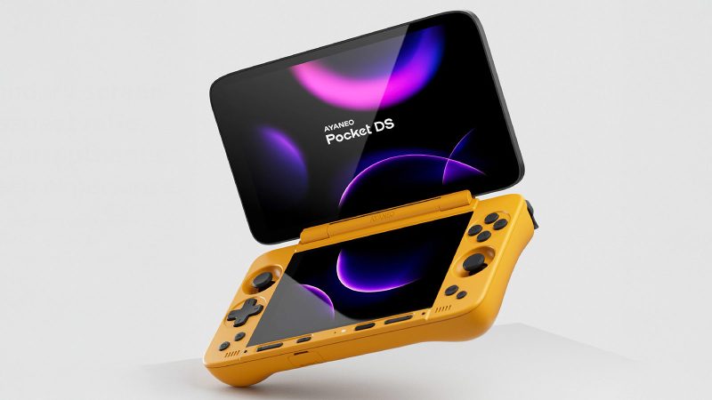 The AYANEO Pocket DS handheld gaming console has dual screens, a retro Nintendo DS-inspired design, and high-performance Windows-based gaming capability.