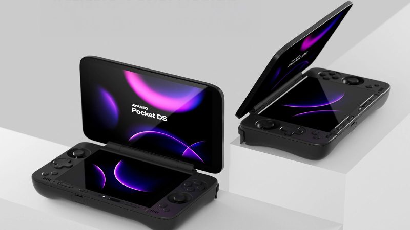 The AYANEO Pocket DS handheld gaming console has dual screens, a retro Nintendo DS-inspired design, and high-performance Windows-based gaming capability.
