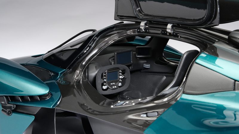 Amalgam Collection’s 1:8 scale Aston Martin Valkyrie (2021) model, hand-built with Aston Martin-approved precision, featuring authentic paint, carbon details, and F1-inspired design elements.