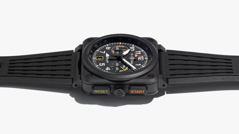Bell & Ross BR-03 Chrono Rafale Solo Display limited-edition aviation chronograph in black ceramic with Super-LumiNova dial and military-inspired strap.
