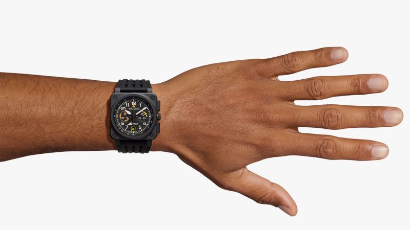 Bell & Ross BR-03 Chrono Rafale Solo Display limited-edition aviation chronograph in black ceramic with Super-LumiNova dial and military-inspired strap.