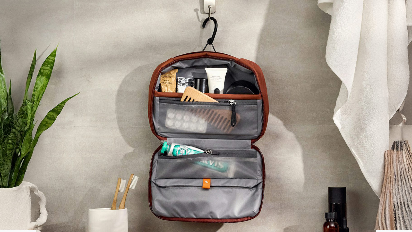 Bellroy Hanging Toiletry Kit open with grooming essentials – Best Bellroy Everyday Carry Gear for travel organization