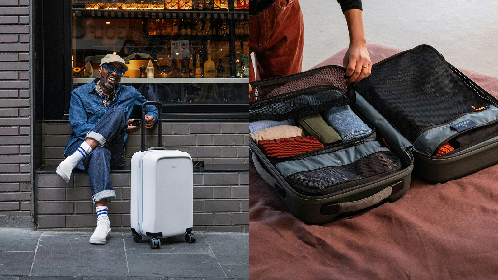 Traveler with Bellroy Transit Carry-On suitcase and neatly packed interior – Best Bellroy Everyday Carry Gear for smart travel