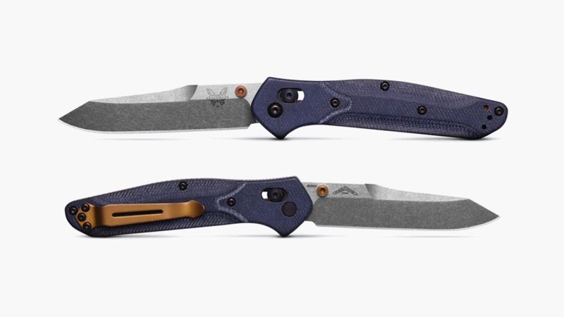 Benchmade 940‑04 Osborne folding knife with satin M390 reverse‑tanto blade, blue denim micarta handle, Axis lock, and reversible clip.