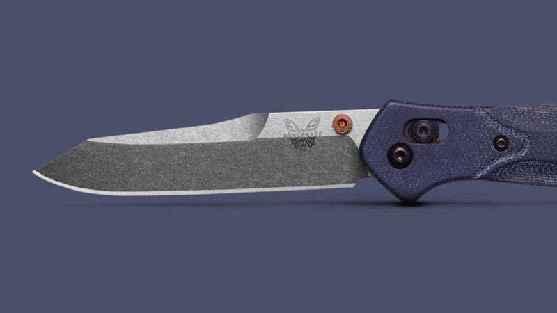 Benchmade 940‑04 Osborne folding knife with satin M390 reverse‑tanto blade, blue denim micarta handle, Axis lock, and reversible clip.
