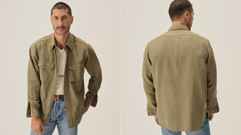 Buck Mason Hemp HBT Soft Pack Station Shirt in garment-dyed cotton-hemp herringbone twill.