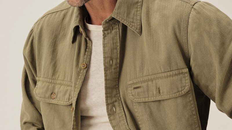 Buck Mason Hemp HBT Soft Pack Station Shirt in garment-dyed cotton-hemp herringbone twill.