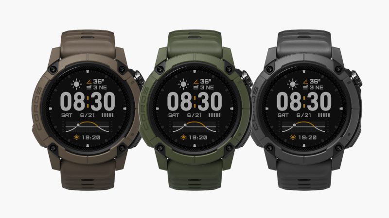 Coros Nomad smartwatch with rugged polymer and aluminum build, MIP display, dual-frequency GPS, Adventure Journal app integration, and 50-hour GPS battery life.
