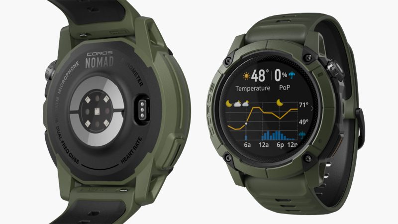 Coros Nomad smartwatch with rugged polymer and aluminum build, MIP display, dual-frequency GPS, Adventure Journal app integration, and 50-hour GPS battery life.
