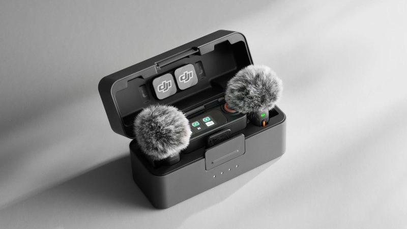 DJI Mic 3 compact wireless microphone system with touchscreen receiver, built-in recording, and pro-level audio performance in a mini-sized design.
