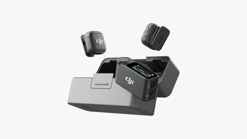 DJI Mic 3 compact wireless microphone system with touchscreen receiver, built-in recording, and pro-level audio performance in a mini-sized design.