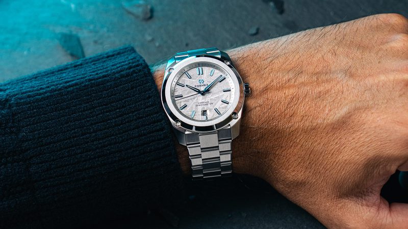 Formex Essence FortyOne Space Ghost watch featuring a 41mm stainless steel case, meteorite dial, COSC-certified automatic movement, and micro-adjustable bracelet.