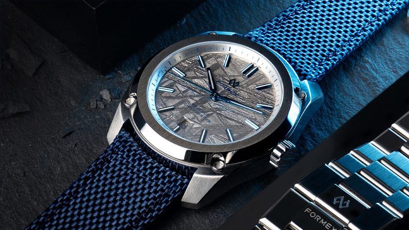 Formex Essence FortyOne Space Ghost watch featuring a 41mm stainless steel case, meteorite dial, COSC-certified automatic movement, and micro-adjustable bracelet.