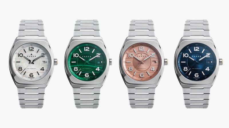 The Farer Integra watch boasts four different dials, an integrated bracelet, and a brushed-polished stainless steel case.