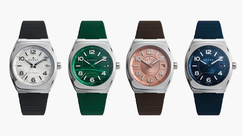 The Farer Integra watch boasts four different dials, an integrated bracelet, and a brushed-polished stainless steel case.