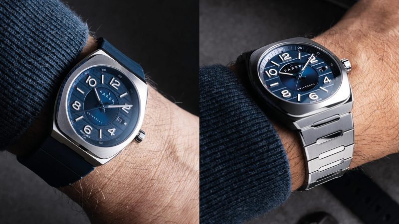 The Farer Integra watch boasts four different dials, an integrated bracelet, and a brushed-polished stainless steel case.