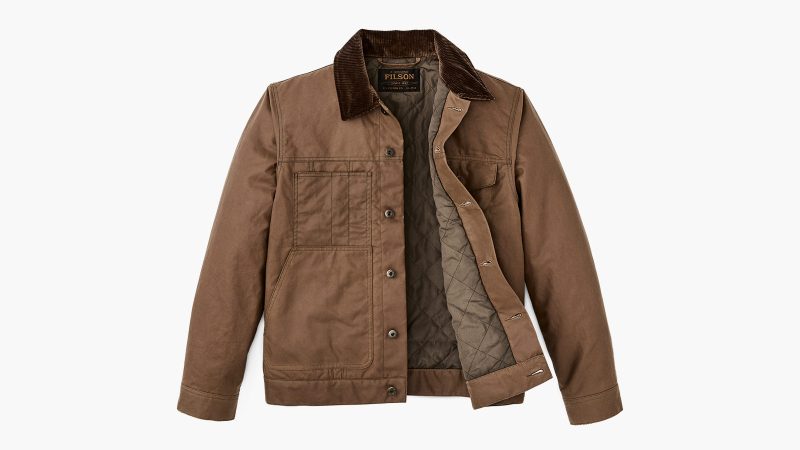 Filson Insulated Short Cruiser Jacket in waxed cotton with PrimaLoft insulation, corduroy lining, and rugged utility pockets.