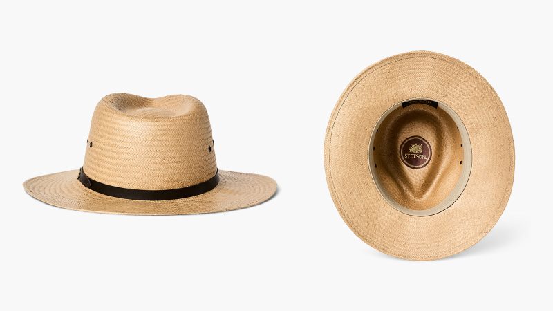 Filson X Stetson Straw Baler Hat features a breathable woven design, signature leather hatband, and timeless Western-inspired silhouette for warm weather wear.
