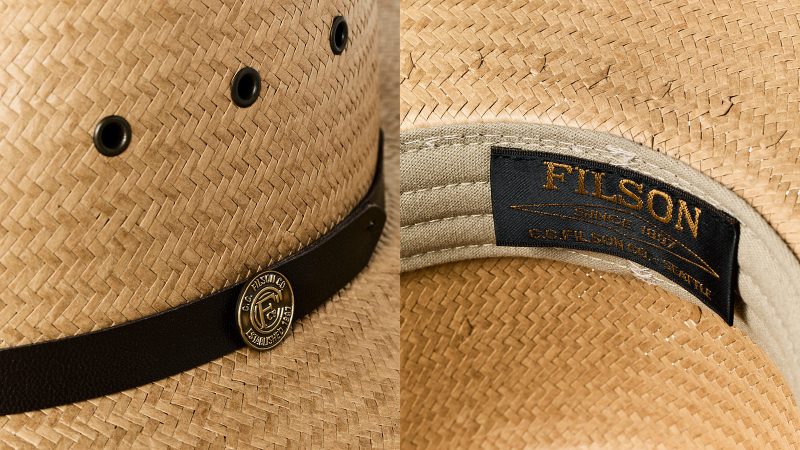 Filson X Stetson Straw Baler Hat features a breathable woven design, signature leather hatband, and timeless Western-inspired silhouette for warm weather wear.