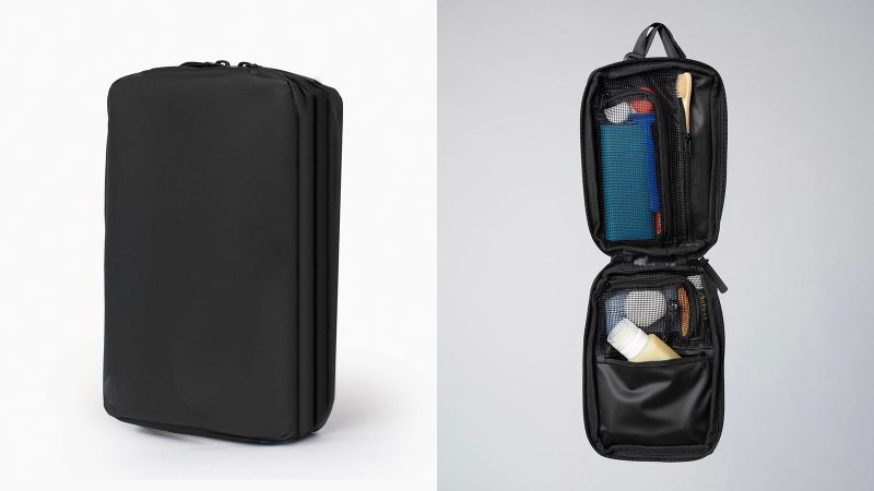 Gravel Explorer Toiletry Bag Collection featuring MINI, SLIM, PLUS, and MAX designs with a rugged tarpaulin build, multiple organizational pockets, TSA-friendly options, and adjustable hang straps.