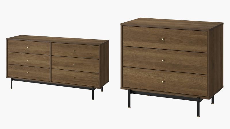 IKEA RÅDMANSÖ bedroom furniture collection featuring walnut veneer, flared legs, and minimalist mid-century modern design across chests, dressers, and wardrobes.