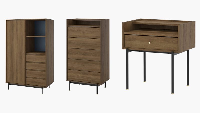 IKEA RÅDMANSÖ bedroom furniture collection featuring walnut veneer, flared legs, and minimalist mid-century modern design across chests, dressers, and wardrobes.