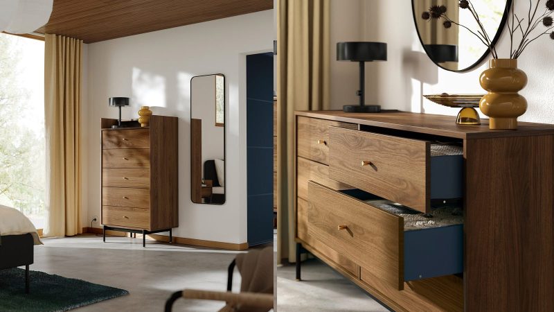 IKEA RÅDMANSÖ bedroom furniture collection featuring walnut veneer, flared legs, and minimalist mid-century modern design across chests, dressers, and wardrobes.
