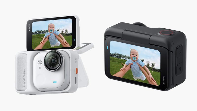 Insta360 Go Ultra wearable action camera in Midnight Black with Action Pod, 4K60 recording, waterproof body, and magnetic mounting system for vlogging and adventure.