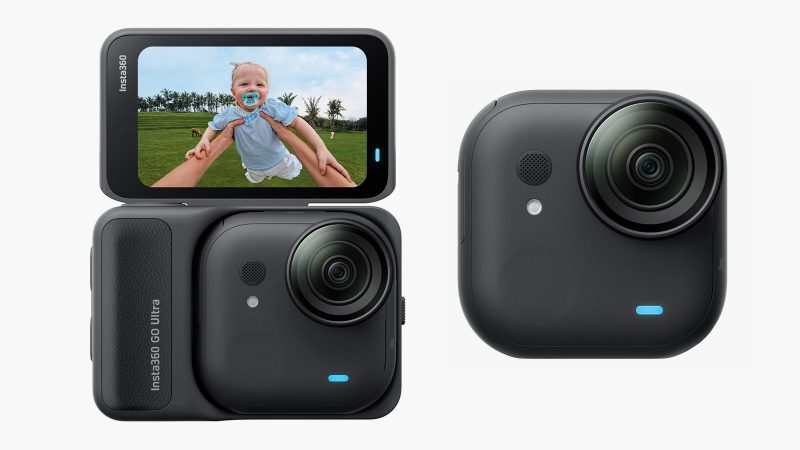 Insta360 Go Ultra wearable action camera in Midnight Black with Action Pod, 4K60 recording, waterproof body, and magnetic mounting system for vlogging and adventure.