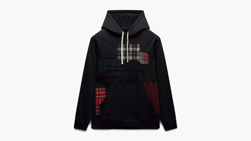 Junya Watanabe x Reigning Champ SS25 Midweight Terry hoodie and pants with tartan patches, sashiko stitching, and red corduroy accents.