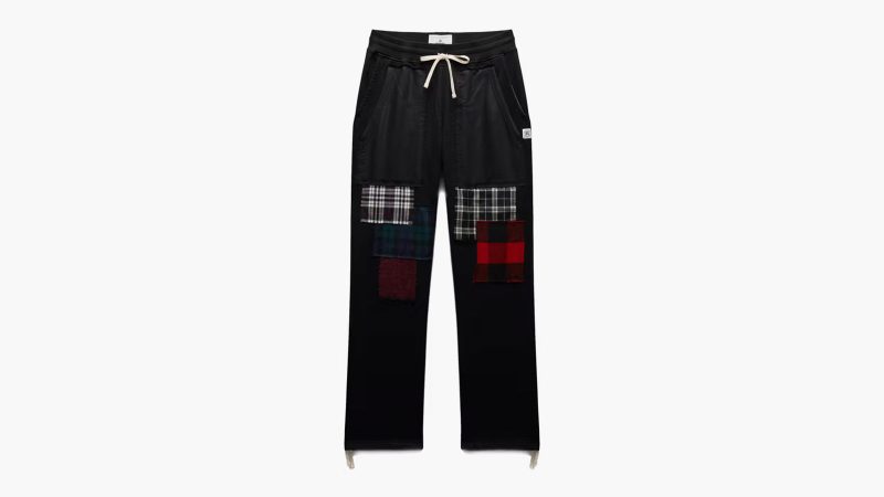 Junya Watanabe x Reigning Champ SS25 Midweight Terry hoodie and pants with tartan patches, sashiko stitching, and red corduroy accents.
