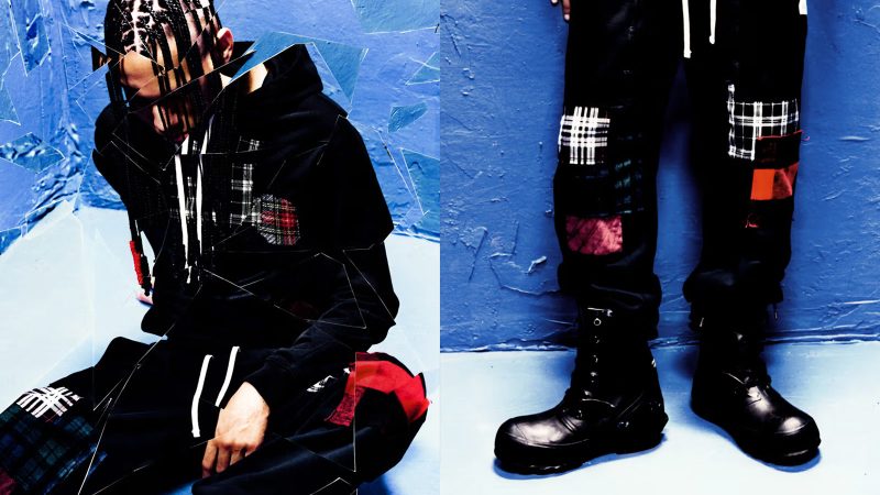 Junya Watanabe x Reigning Champ SS25 Midweight Terry hoodie and pants with tartan patches, sashiko stitching, and red corduroy accents.